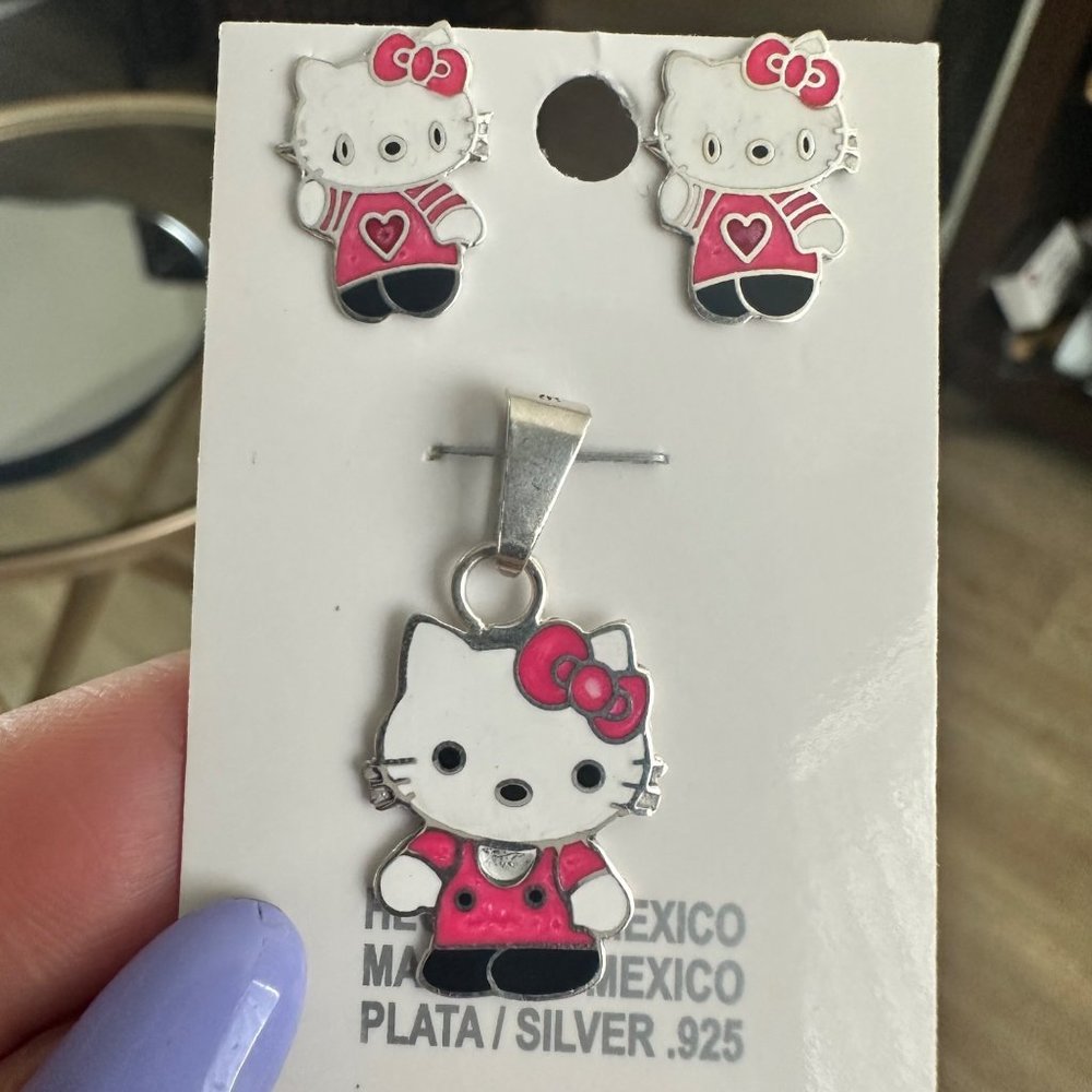 Hello Kitty Silver 925 Earrings & Pendant Set Trendy Girls Jewelry Made In Mexic - Picture 7 of 10